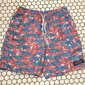 Vineyard Vines Boys’ Chappy Fish 6” Swim Trunks sz M 12-14 Pink, blue, white